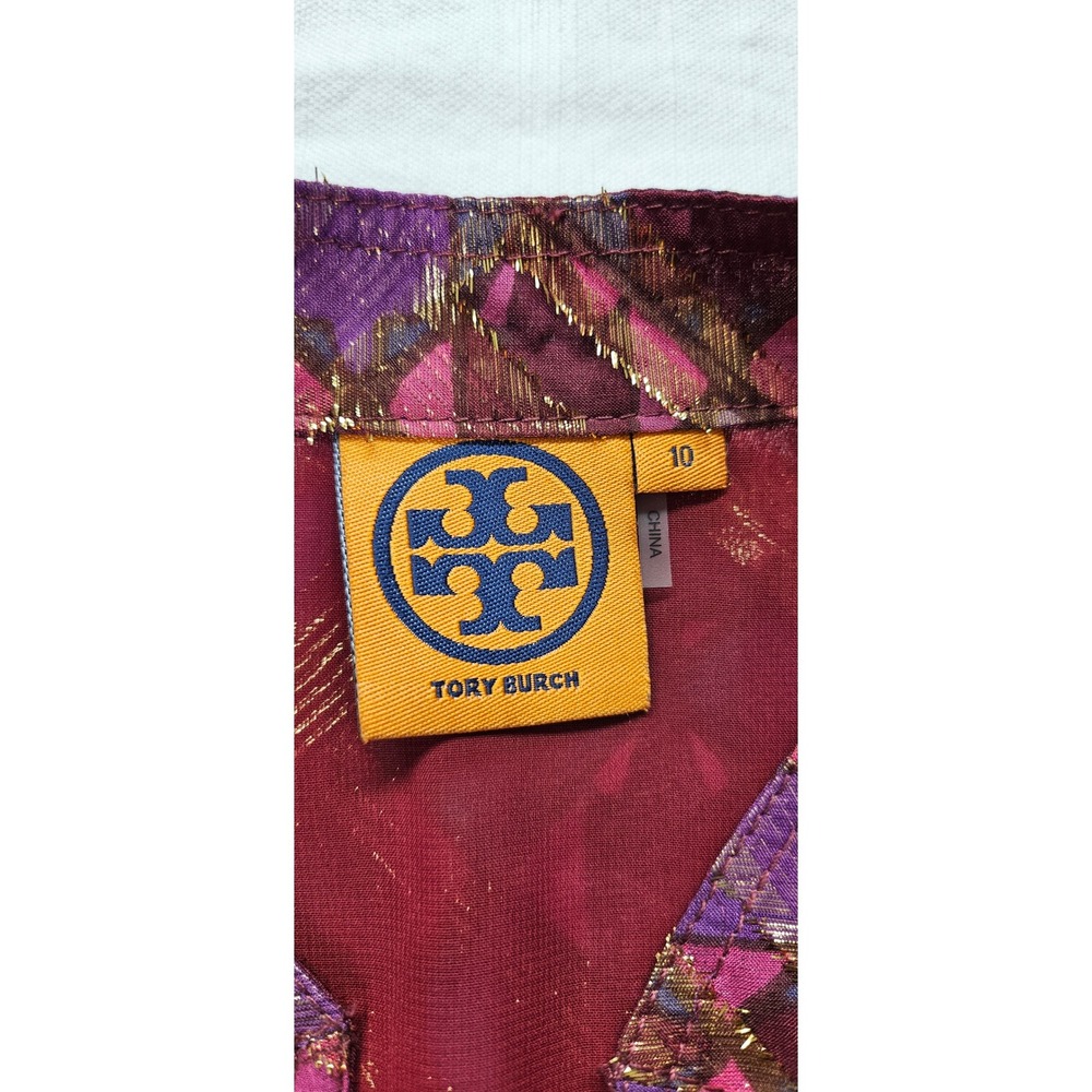 Tory Burch Metallic Geometric Diamond Print Tunic Blouse Burgundy Purple Size 10 - Picture 2 of 7